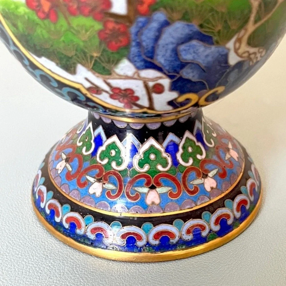 Antique Chinese Cloisonné Vase Colorful Enamel Crane Egret Birds Cherry Blossoms